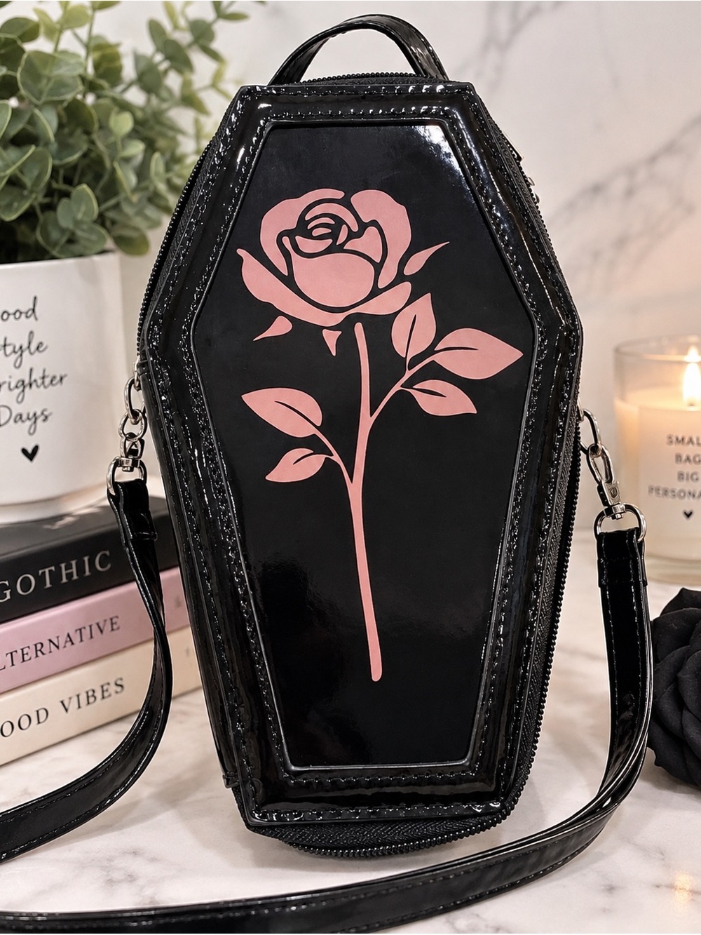 Flying Tiger Black Coffin Crossbody Bag Pink Rose Gothic Halloween 👻